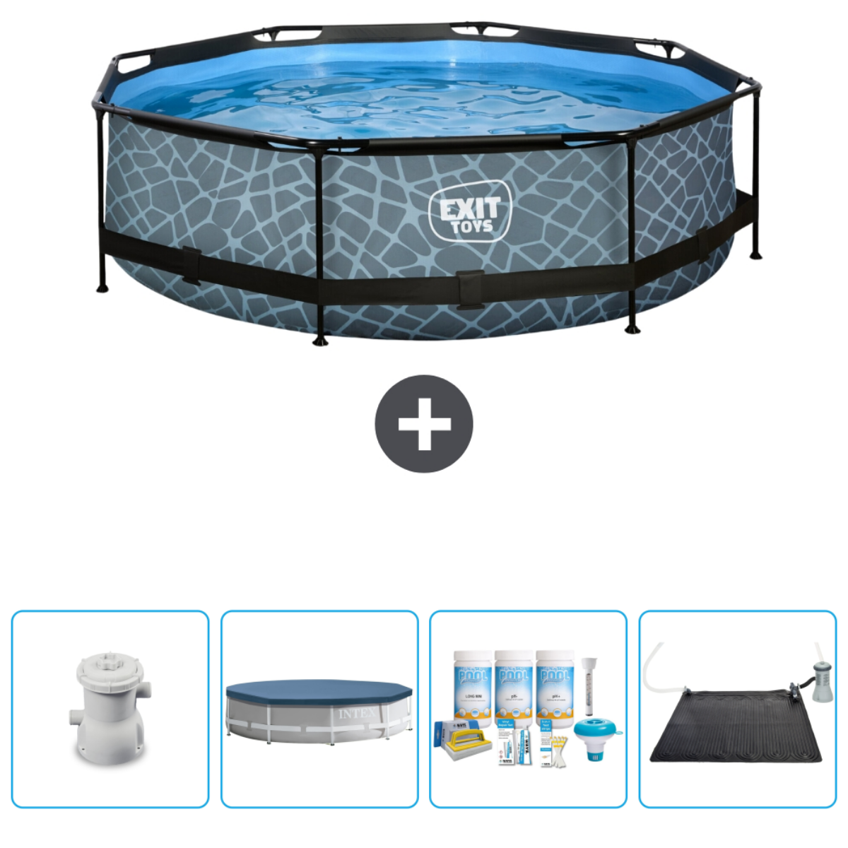 Zeshoekig zwembad met accessoires: filter, afdekzeil, chemicaliën en zonnepaneel.