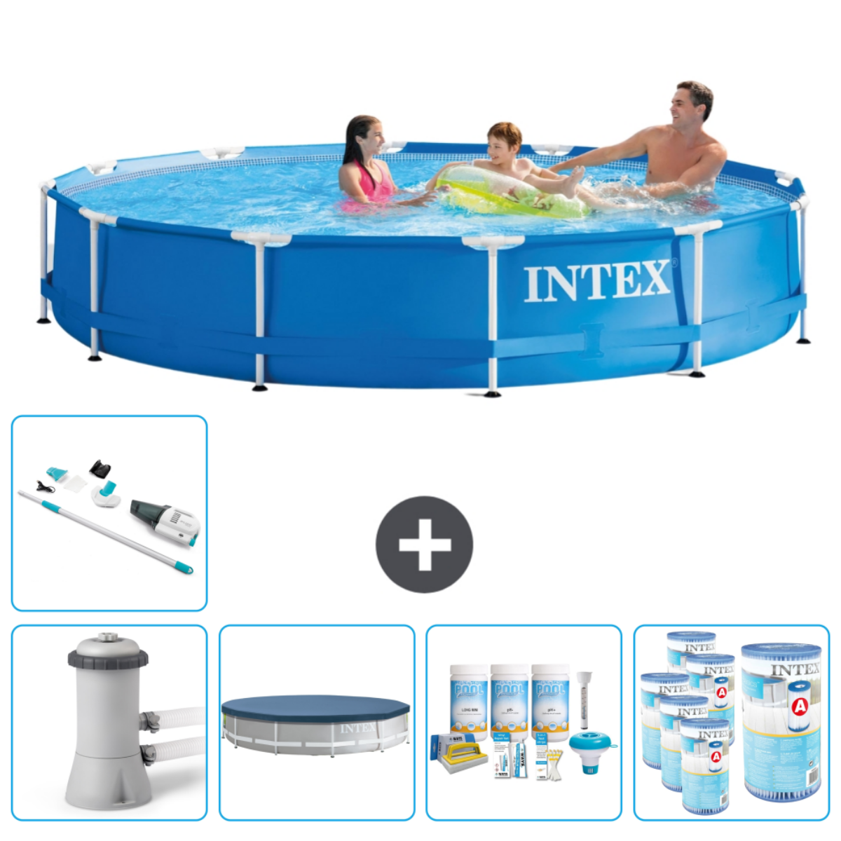 Mensen in een Intex zwembad, met accessoires beneden. Het zwembad is gevuld met water en mensen zwemmen.