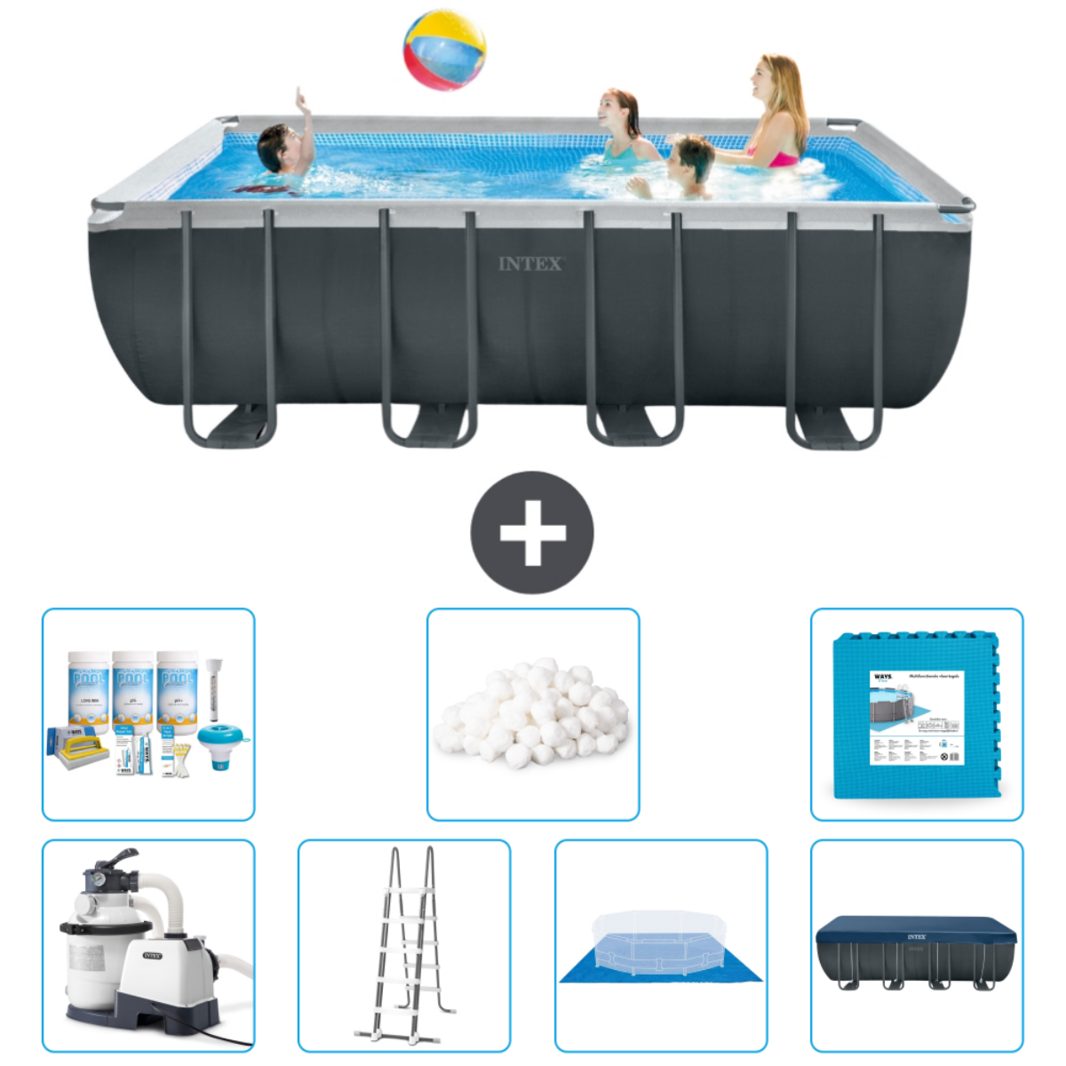 Des personnes dans une piscine avec des accessoires. La piscine dit INTEX. Sept accessoires sont présentés.