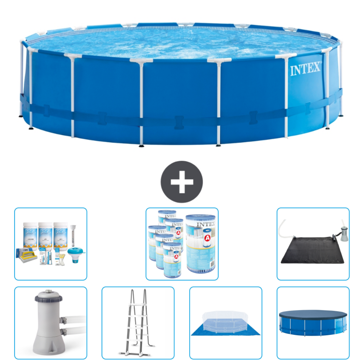 Piscine Intex bleue avec accessoires. Les accessoires comprennent un filtre, des produits chimiques et un tapis solaire.