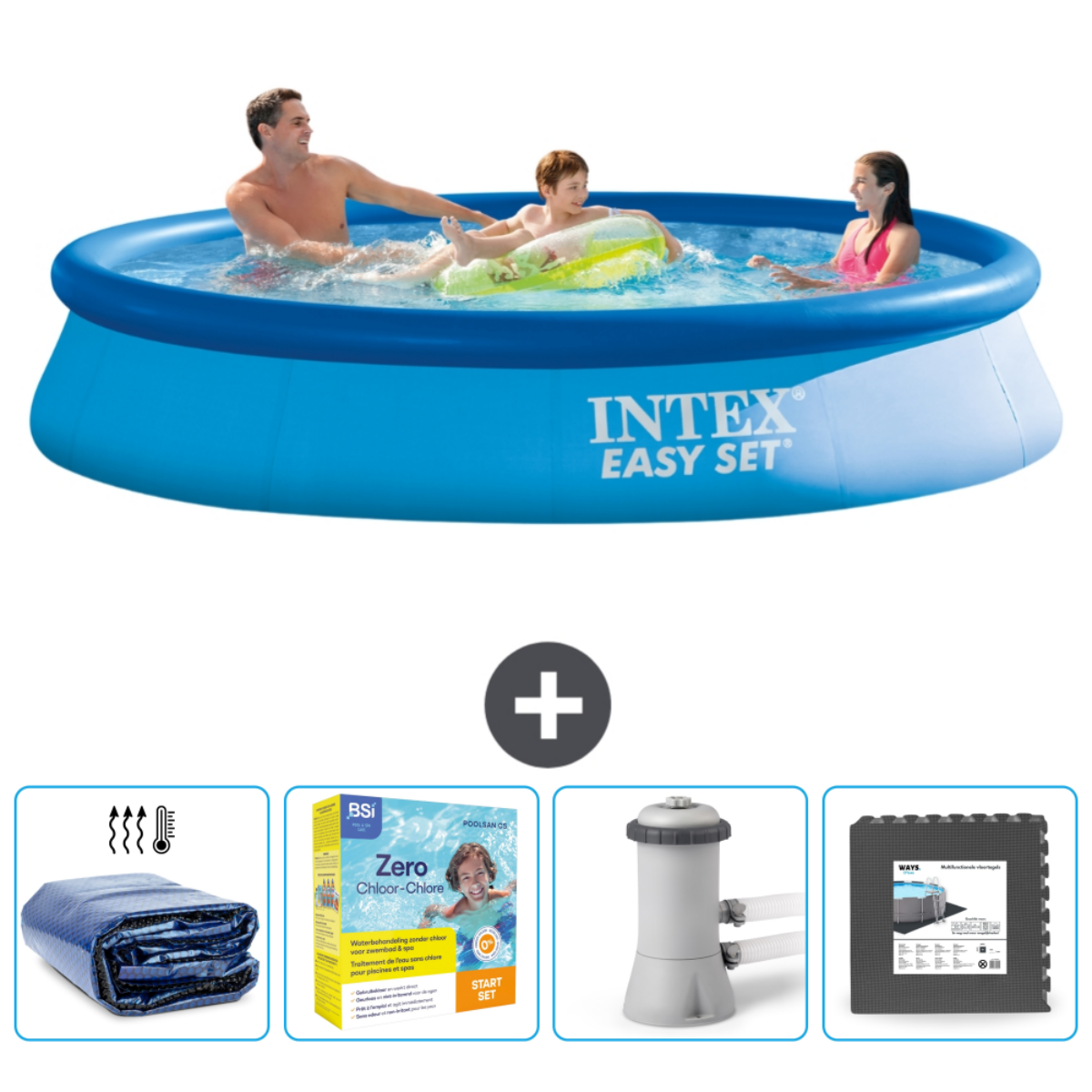 Piscine bleue Intex Easy Set avec trois personnes et accessoires.