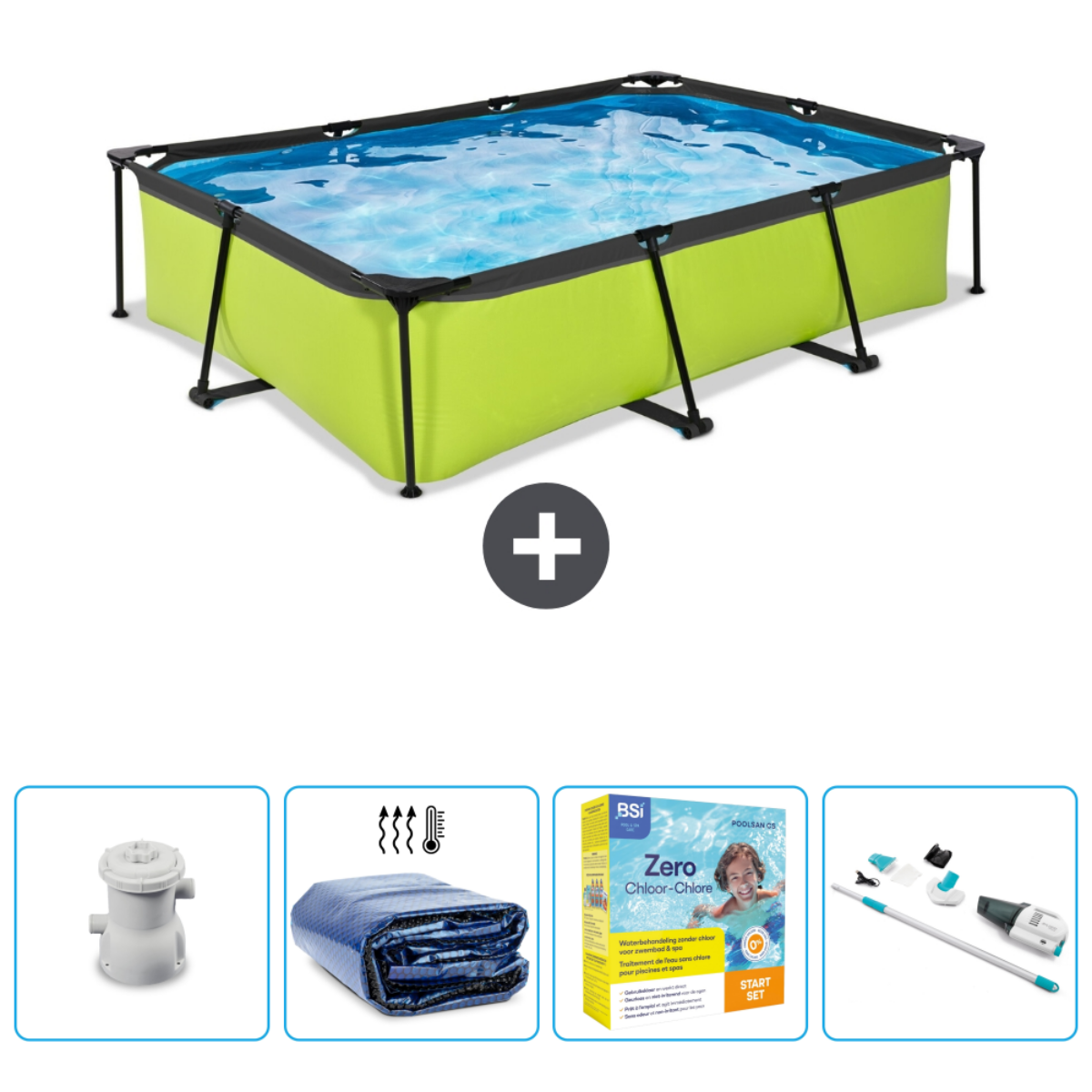 Groen rechthoekig zwembad met accessoires. Inclusief afdekzeil, filter en chemicaliën.