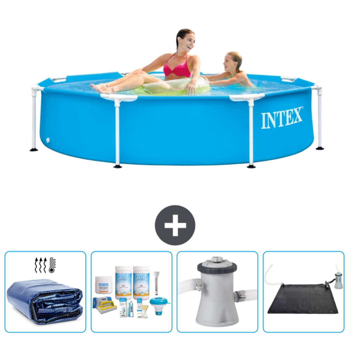 Blauw Intex zwembad met twee vrouwen erin. Inclusief afdekzeil, chemicaliën, filter en verwarmingselement.