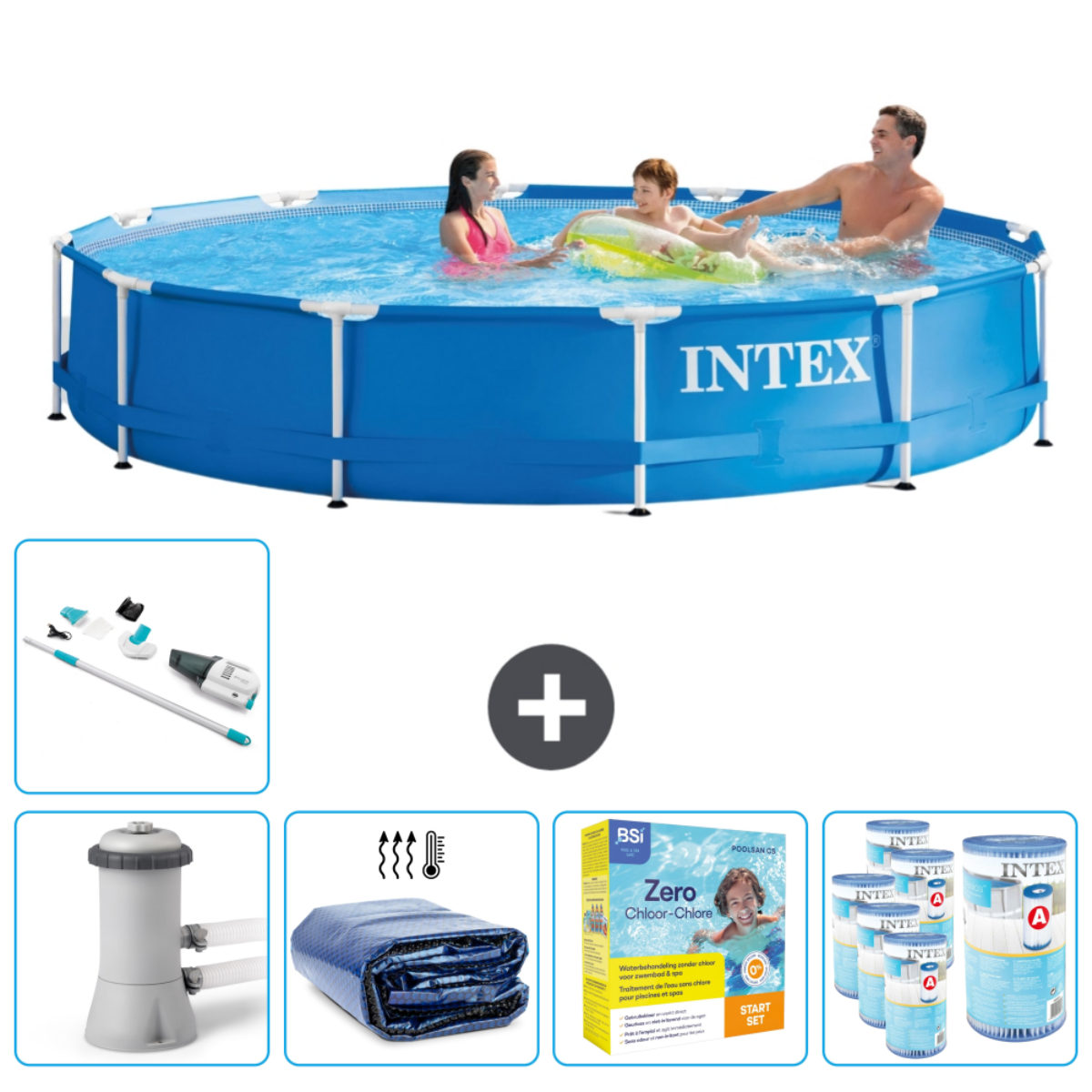 Une piscine Intex bleue avec des gens et des accessoires comme un filtre, une couverture et des produits chimiques.