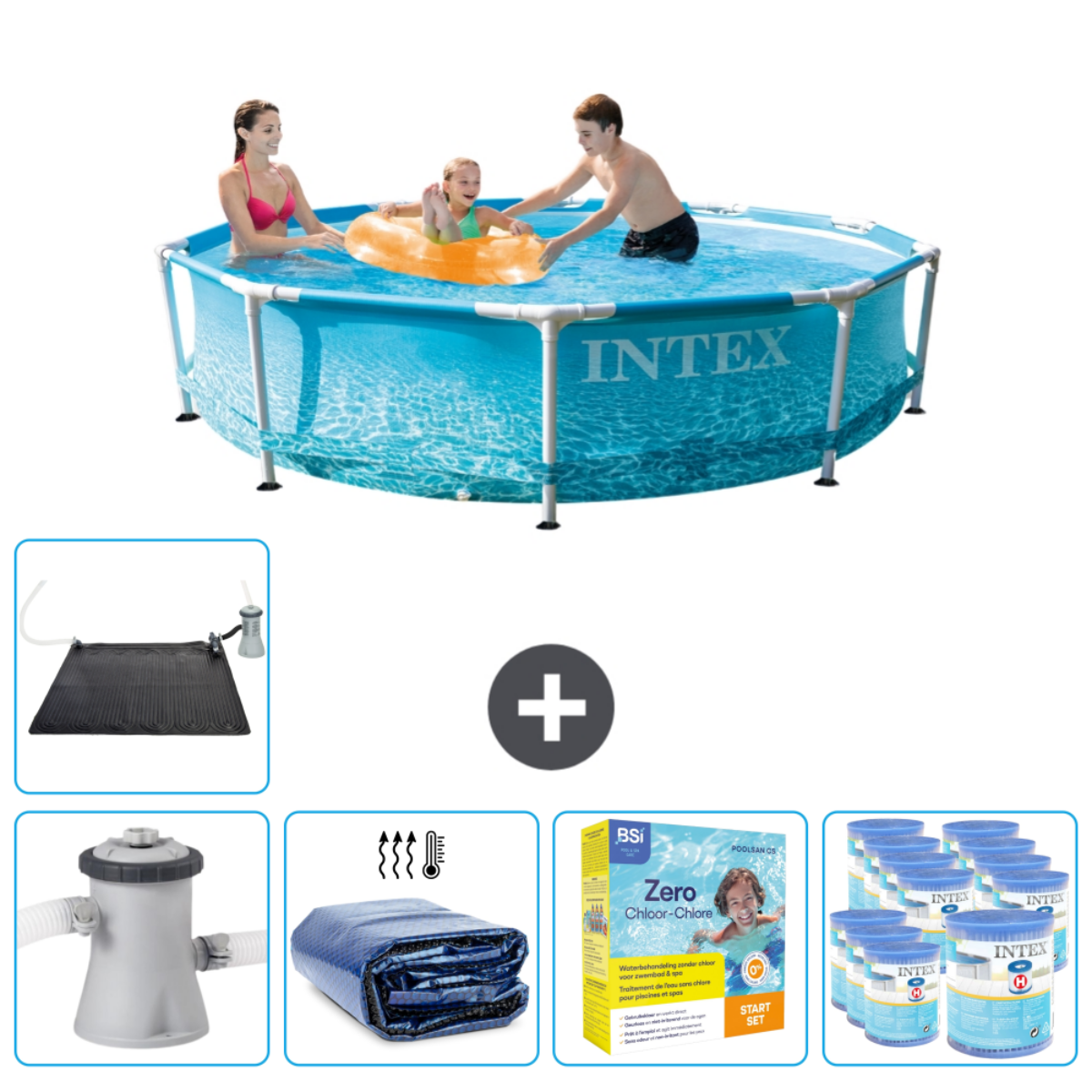 Mensen in Intex zwembad. Accessoires: zonnedek, pomp, chemicaliën. Kind in zwemband.