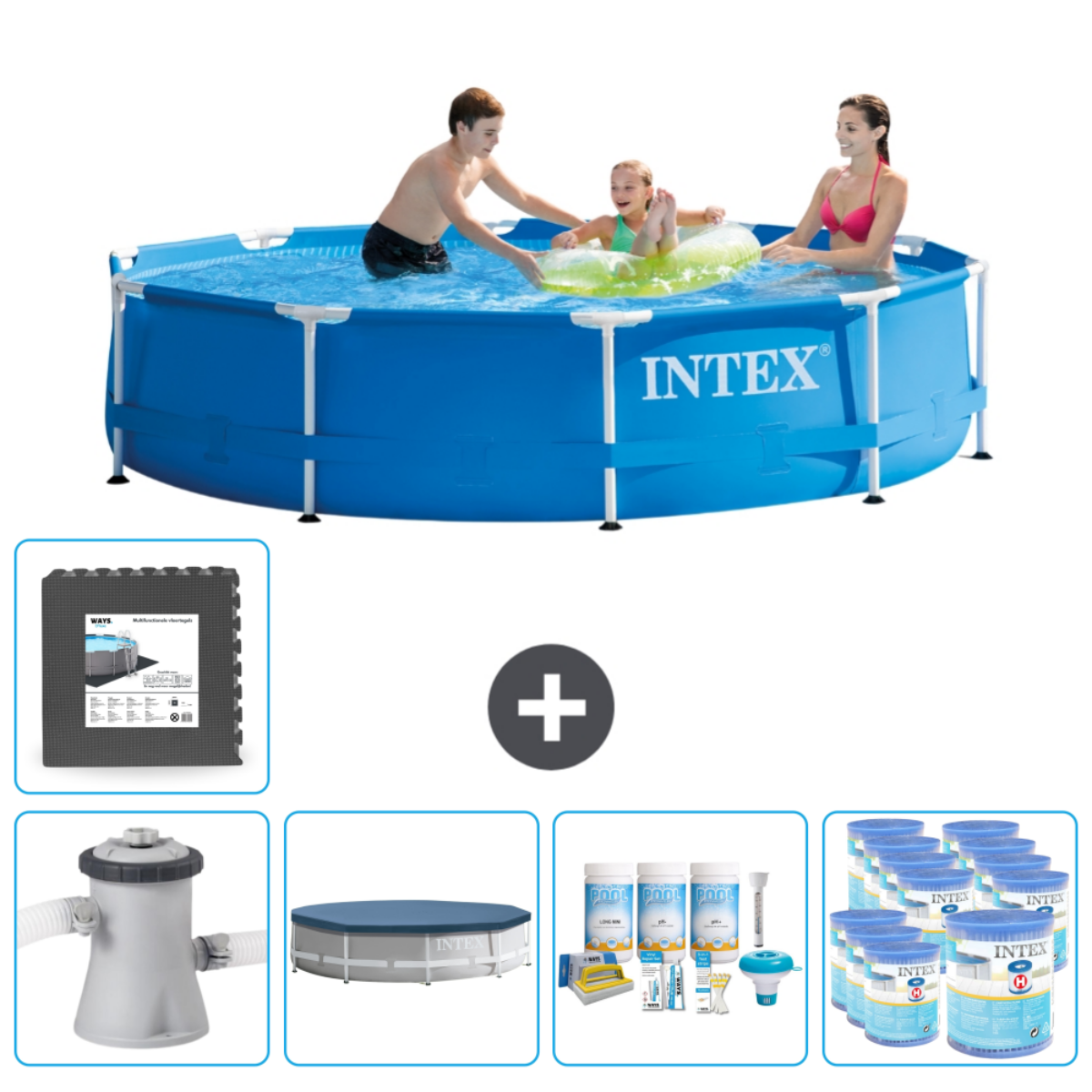 Personnes dans une piscine Intex bleue. Les accessoires incluent un tapis de piscine, une pompe, une couverture, des équilibreurs de pH et des comprimés de chlore.