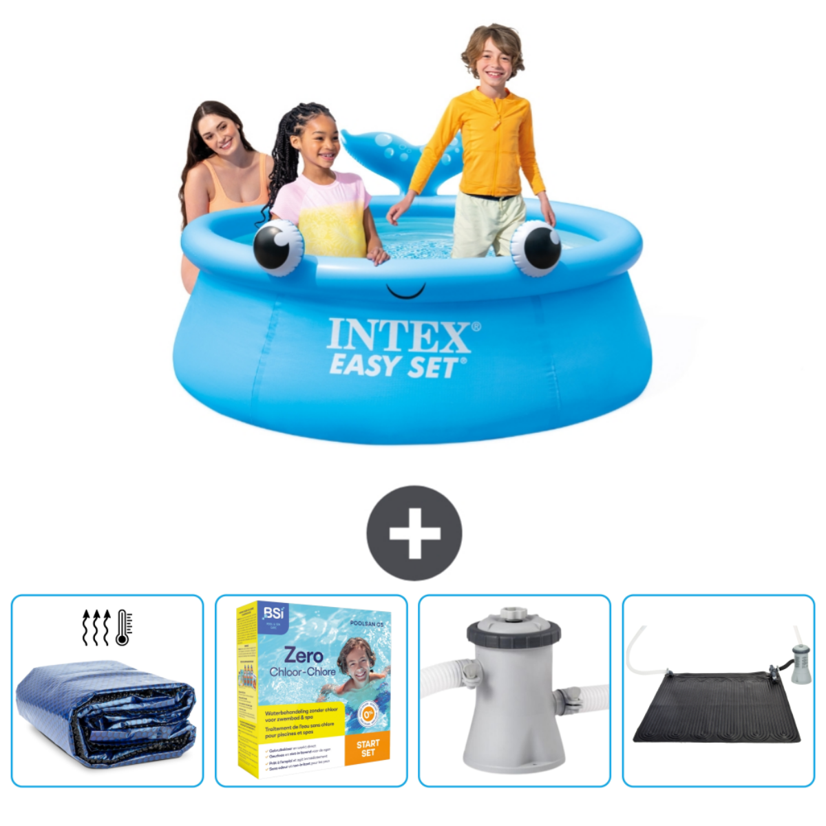 Blue Intex Easy Set pool with children and woman. Includes chemicals, cover, and a pump.