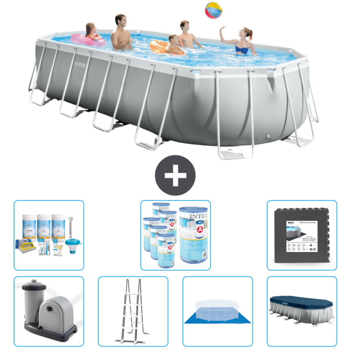 People in a pool with accessories. The pool says INTEX. Eight accessories are shown.