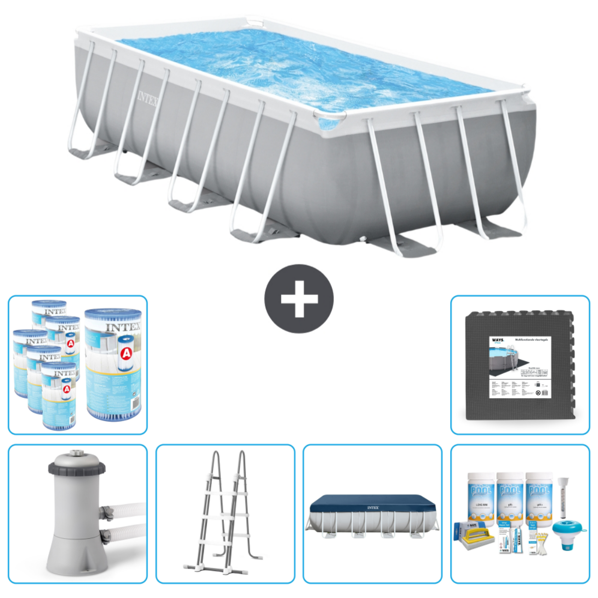 Rectangular above-ground pool with water, accessories: filters, chemicals, ladder, and pool mat.