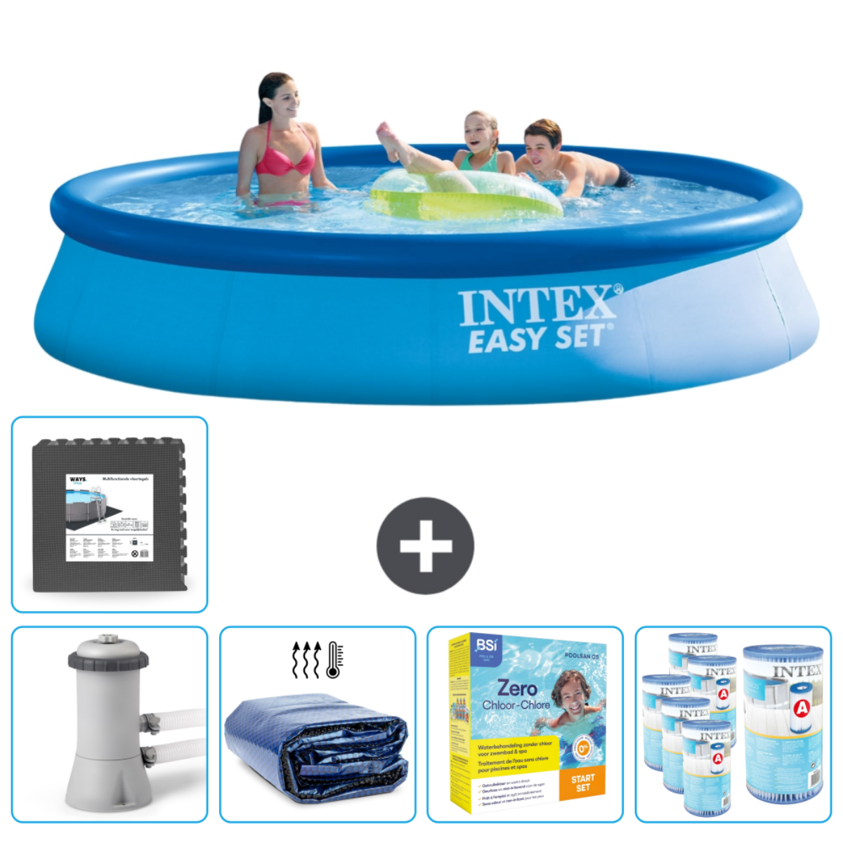 Piscine gonflable bleue avec famille. Comprend accessoires comme filtre et produits chimiques.