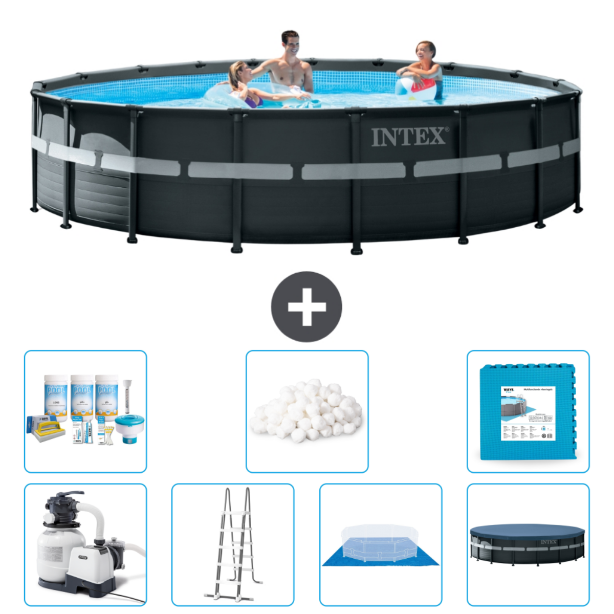 Ronde Intex-pool met zwemmende mensen. Inclusief chemicaliën, filter, afdekking en ladder. De pool is grijs.