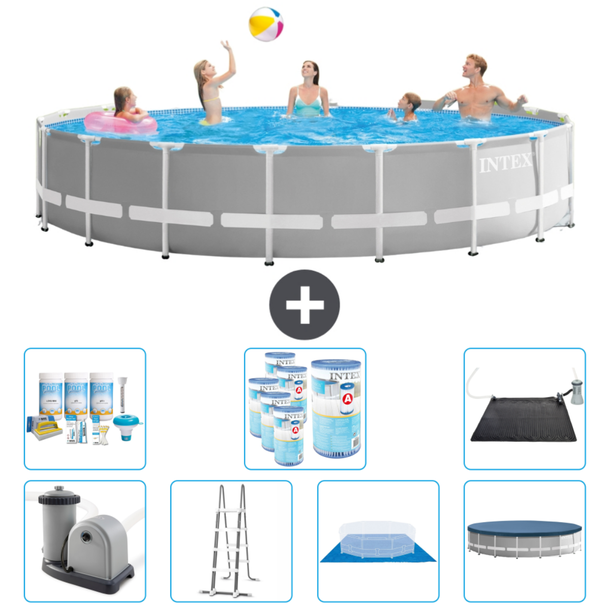Piscine Intex grise avec cinq personnes. Accessoires : filtre, échelle, produits chimiques et tapis solaire.