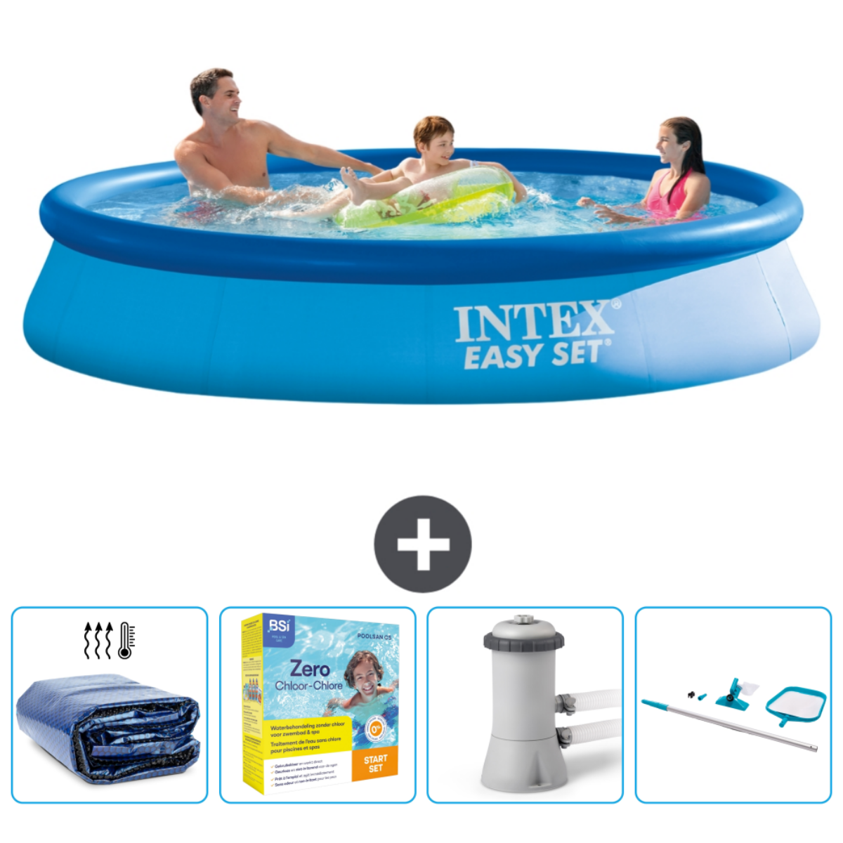 Blauw Intex Easy Set zwembad met mensen en accessoires. Inclusief afdekzeil, chemicaliën, filter en meer.