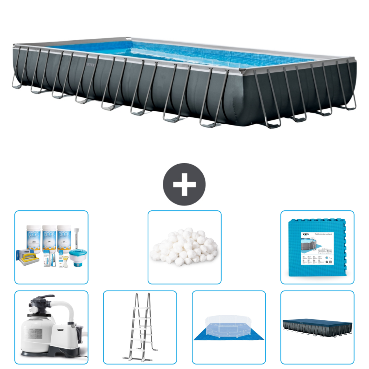 Piscine rectangulaire grise avec accessoires.