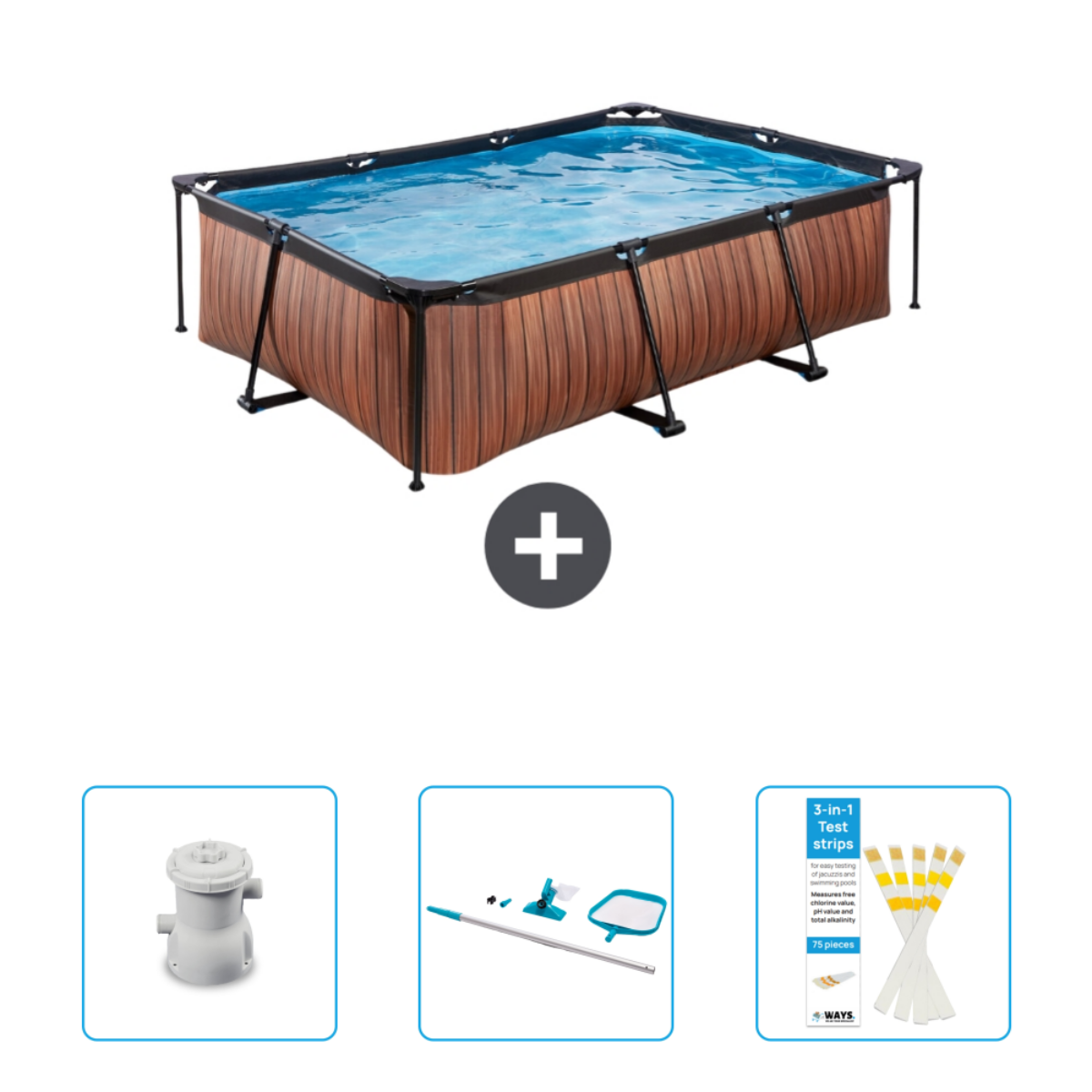 Een rechthoekig zwembad met een houten bekleding, plus accessoires: filter, reinigingsset en teststrips.
