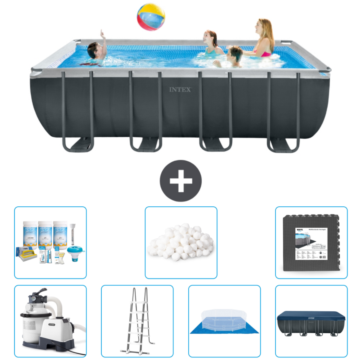 Des personnes dans une piscine jouent avec une balle. Accessoires inclus.