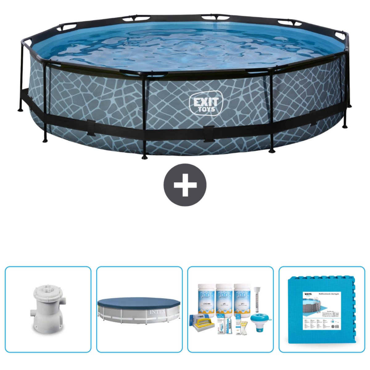 Piscine grise avec accessoires. Inclut filtre, bâche et produits chimiques.