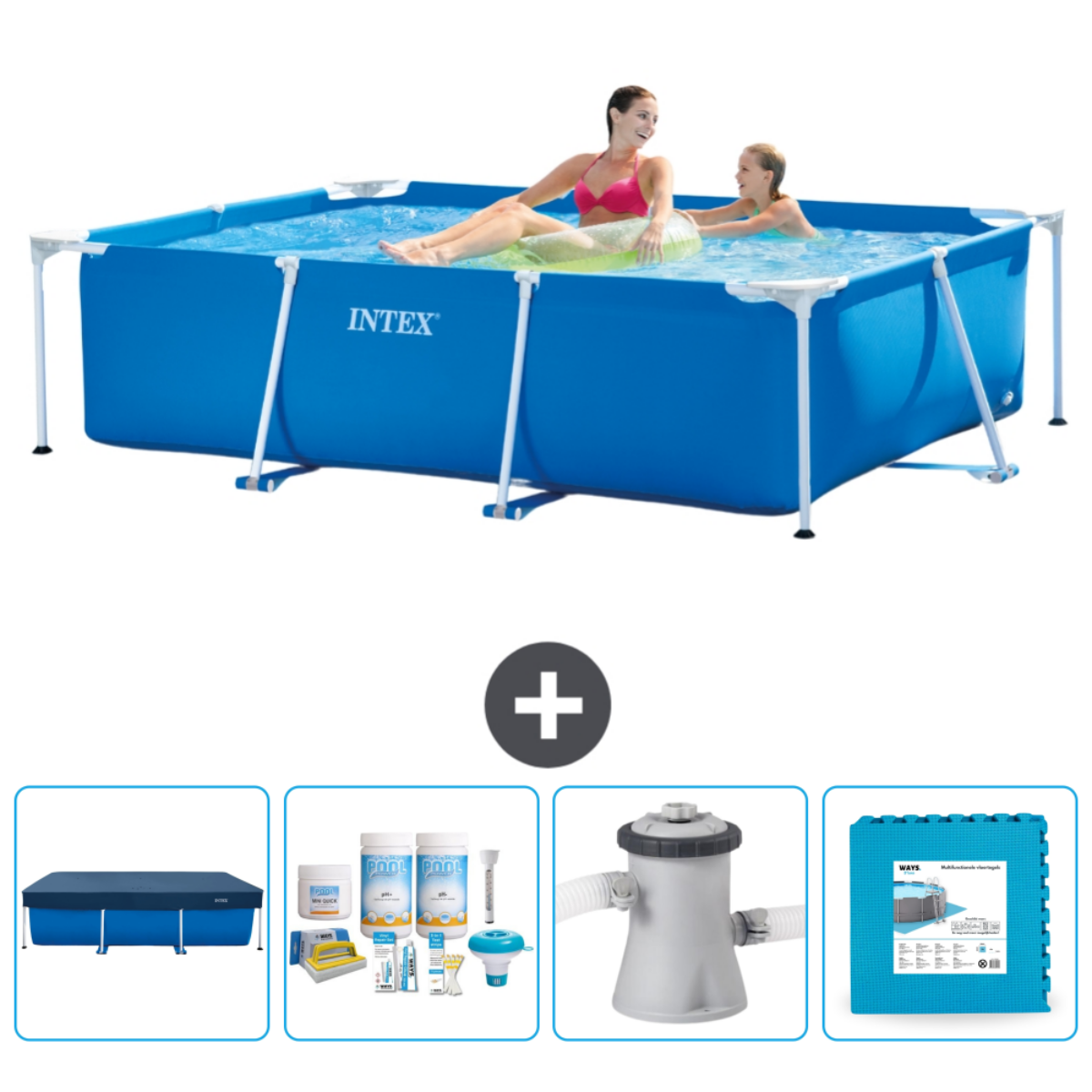 Blauw rechthoekig Intex-zwembad met familie. Inclusief afdekking, filter en accessoires.