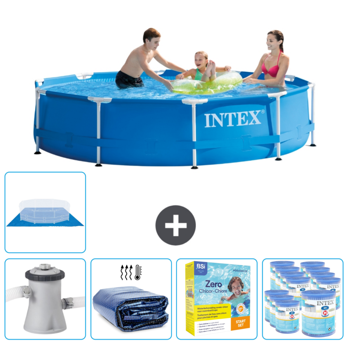 Personnes dans une piscine Intex bleue. Les accessoires incluent une couverture, une pompe, un chauffe-eau solaire, des équilibreurs de pH et des comprimés de chlore.