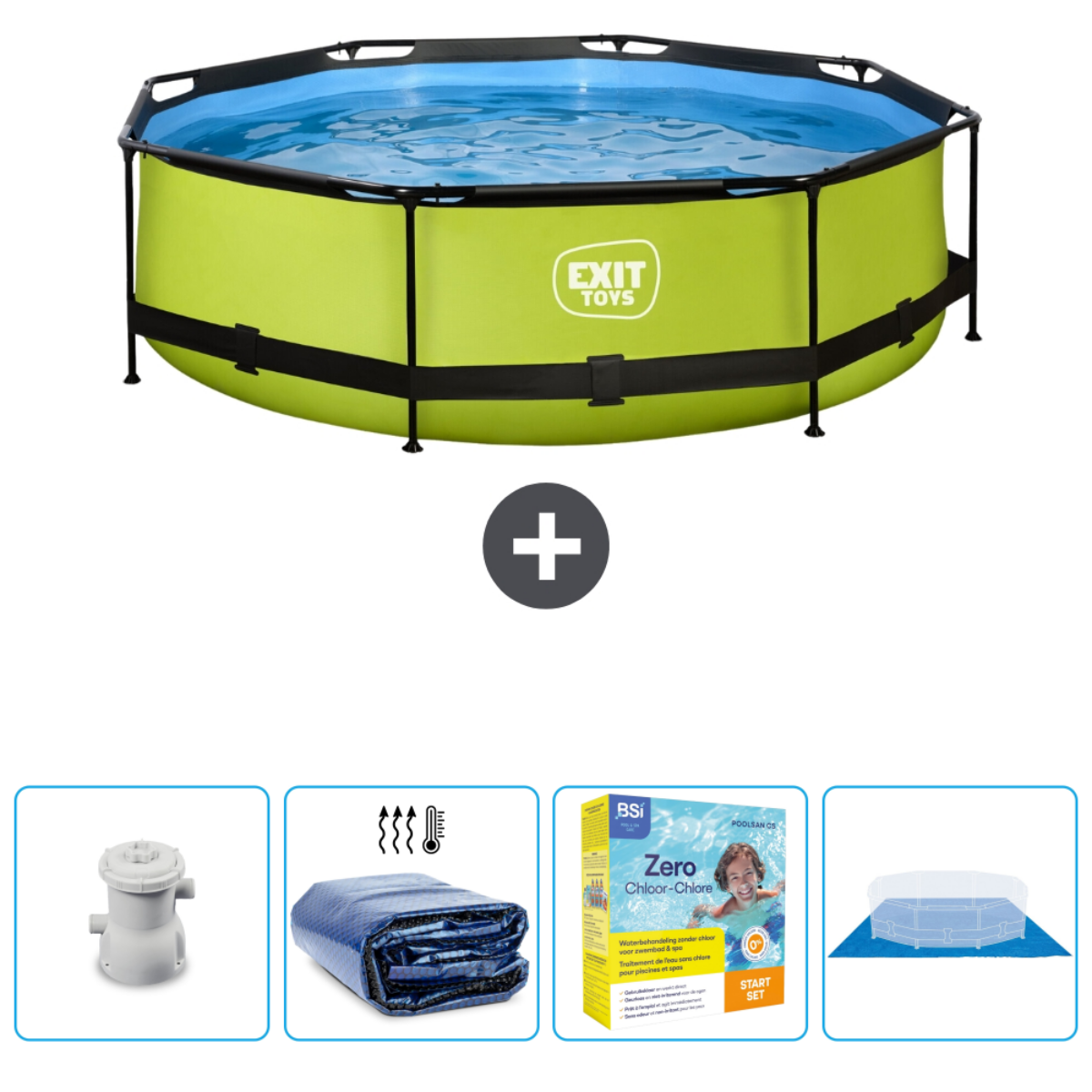 Piscine verte Exit Toys. Accessoires : filtre, bâche, produits chimiques et tapis de sol.