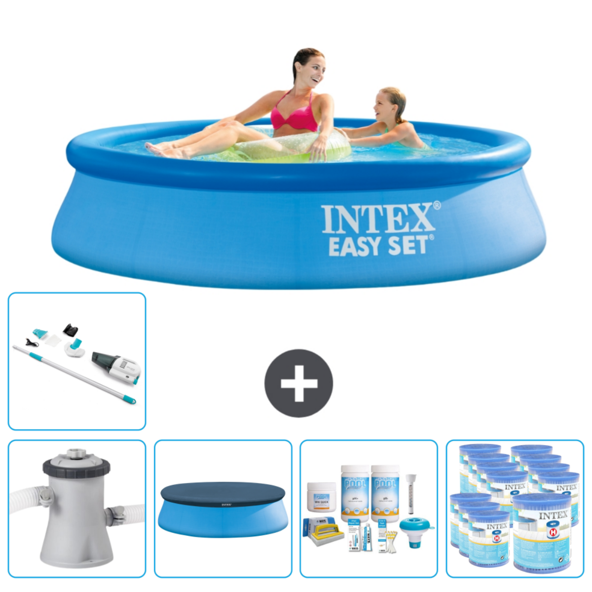 Des gens dans une piscine bleue. Deux femmes dans une piscine Intex Easy Set avec accessoires.