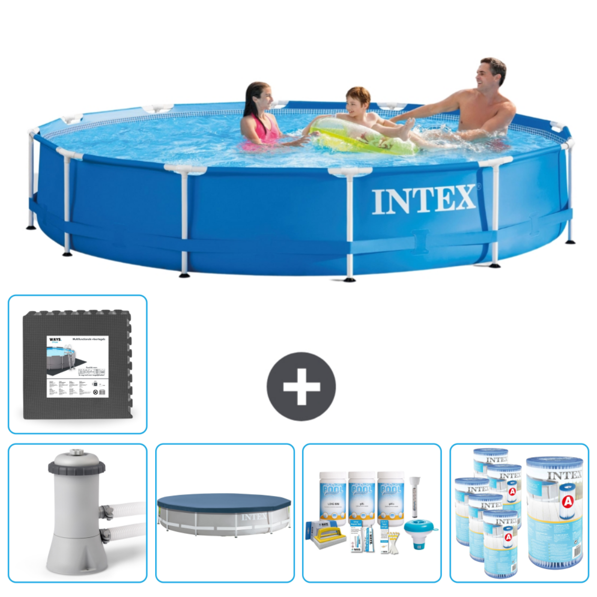 Personnes dans une piscine avec accessoires. Accessoires: filtre, couverture et produits chimiques.