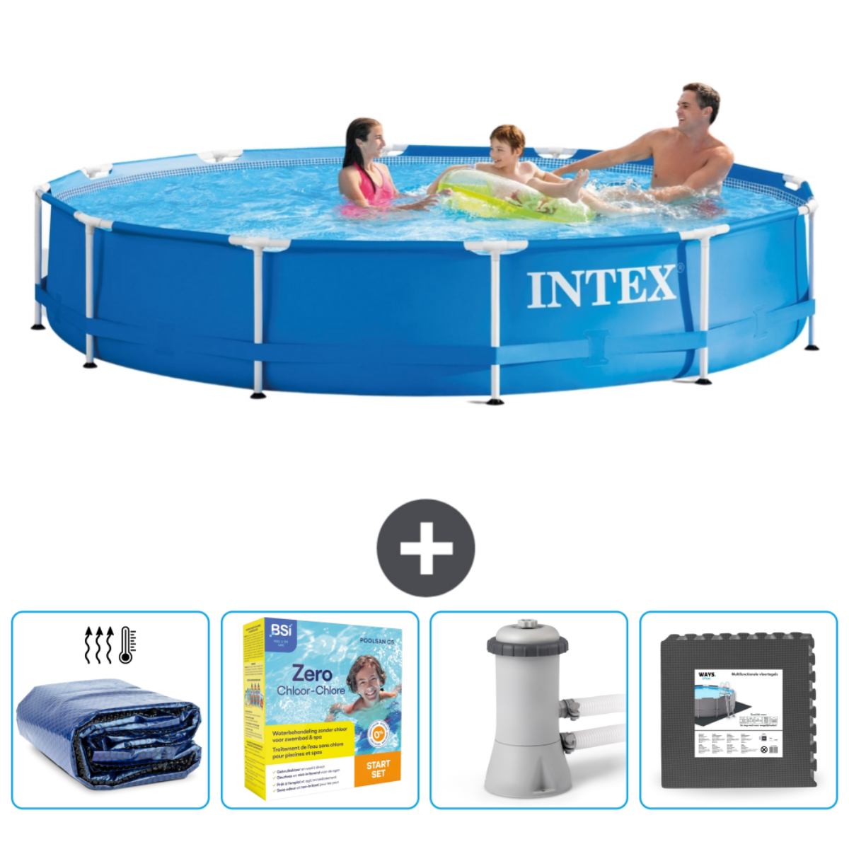 Piscine circulaire bleue avec personnes. Inclut accessoires comme bâche et filtre.
