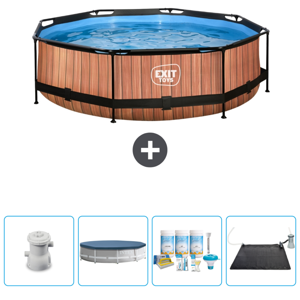 Piscine octogonale avec extérieur en bois. Comprend filtre, bâche et accessoires.