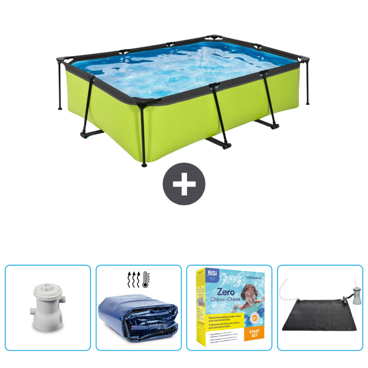Groen zwembad met accessoires. Inclusief filter, afdekking en chemicaliën.