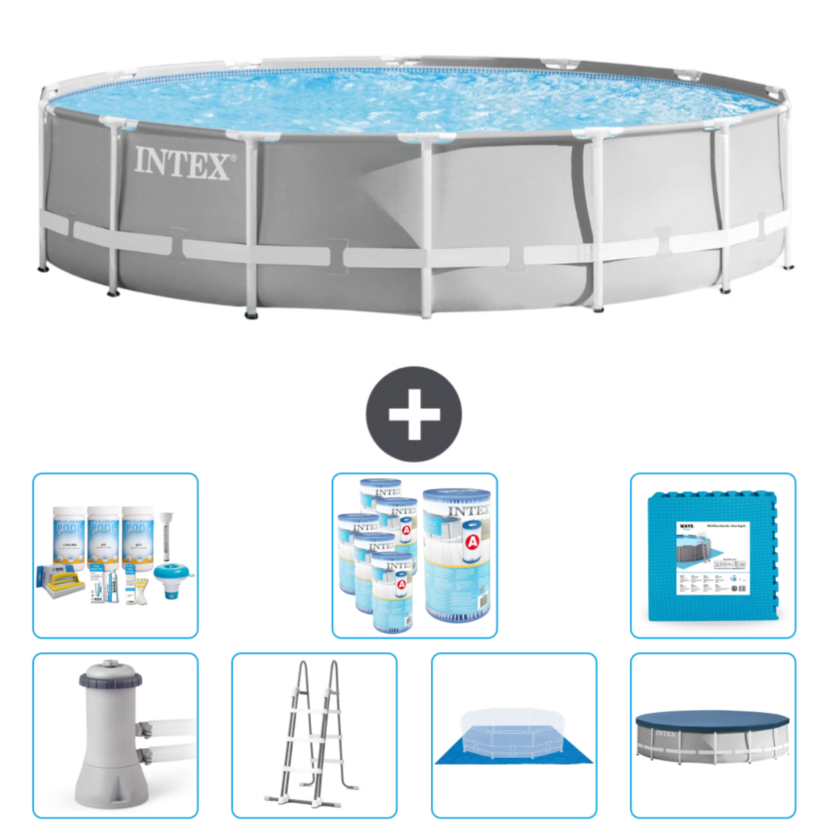 Grote, ronde, grijze Intex-pool met accessoires. Inclusief reiniging, ladder en afdekking.