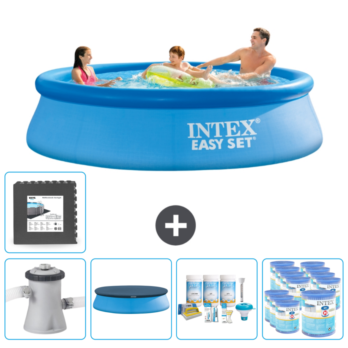 Blue Intex Easy Set pool with three people. Accessories: filter, cover, chemicals, and pool mat.