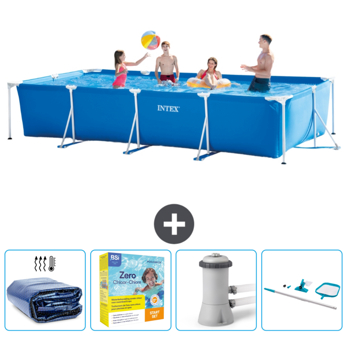 Blauw rechthoekig zwembad met mensen en accessoires: afdekzeil, chloor, filter. Mensen in het bad.