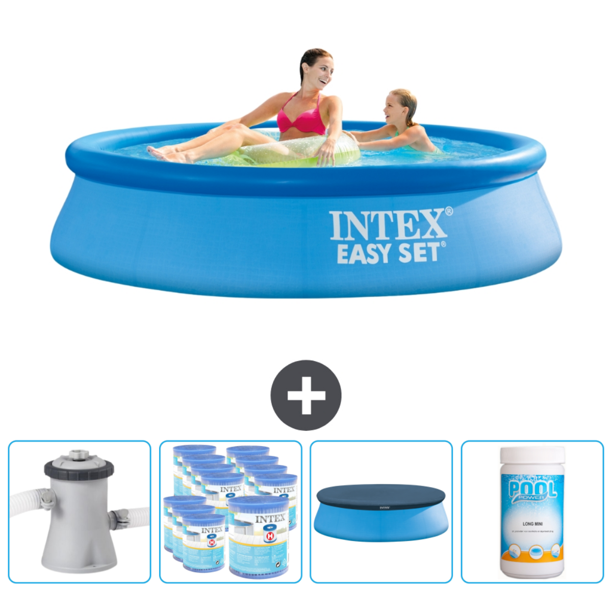 Piscine Intex Easy Set avec deux personnes et divers articles d'entretien.
