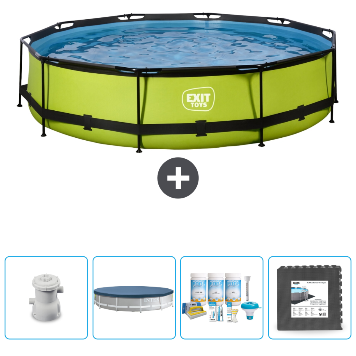 Une piscine octogonale verte avec des accessoires. Un signe plus sépare la piscine et les accessoires.