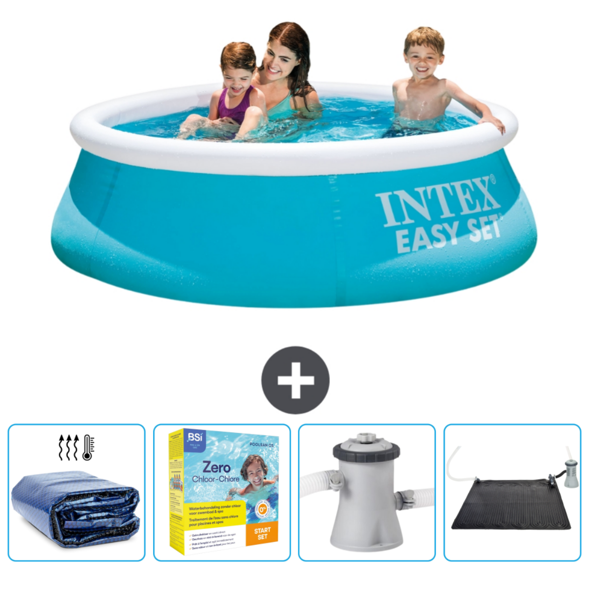 Des personnes dans une piscine Intex bleue, avec des accessoires en dessous. La piscine est remplie d'eau.