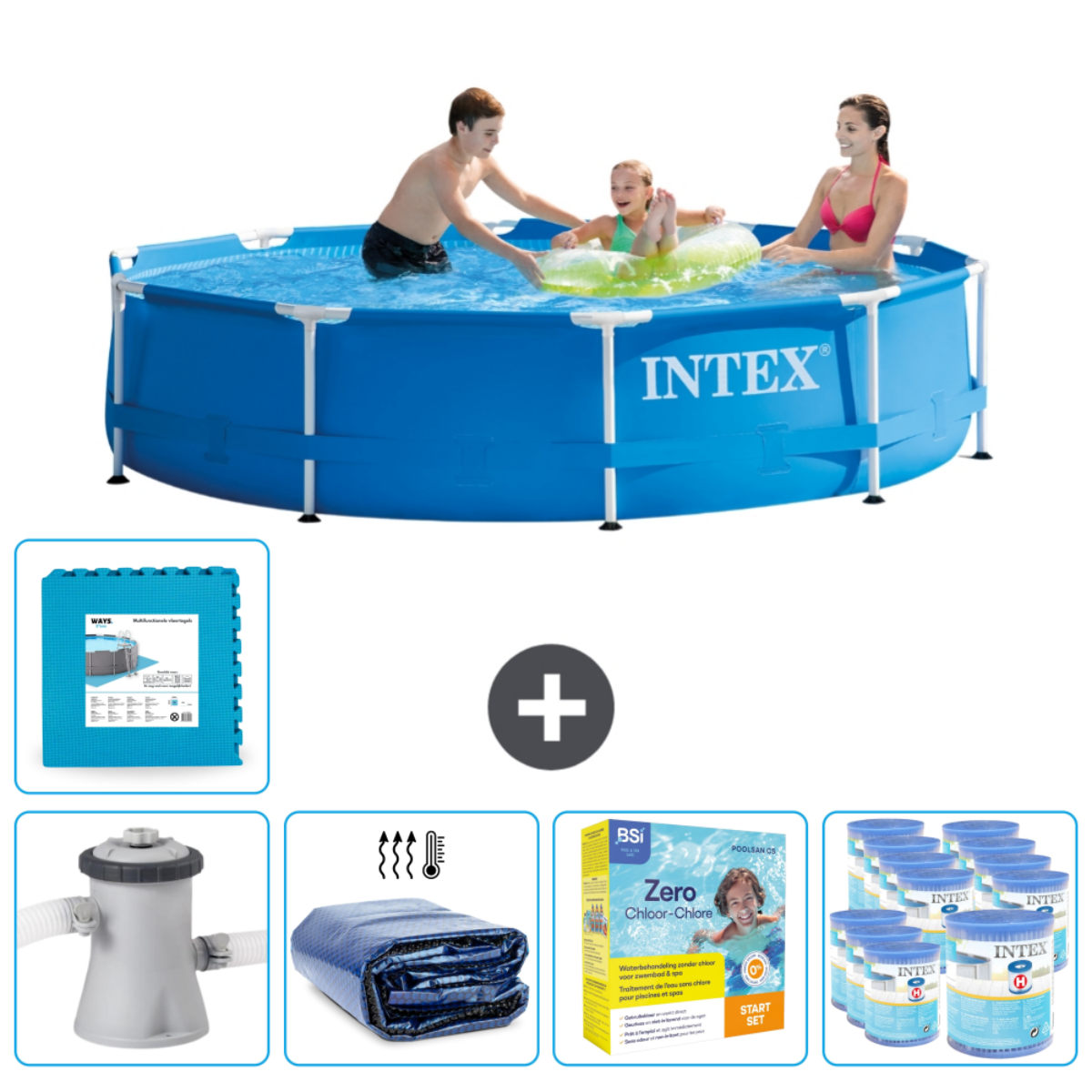 Blauw Intex zwembad met mensen en accessoires. Inclusief matten, afdekzeil, chemicaliën, filter en meer.