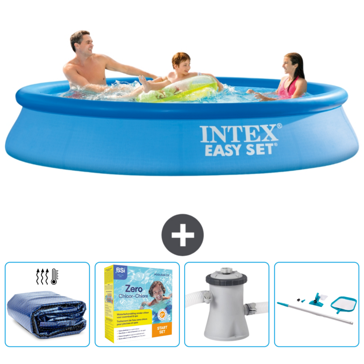 Mensen in een blauw rond zwembad met accessoires. Inclusief een afdekking, chemicaliën, filter en schoonmaakgereedschap.