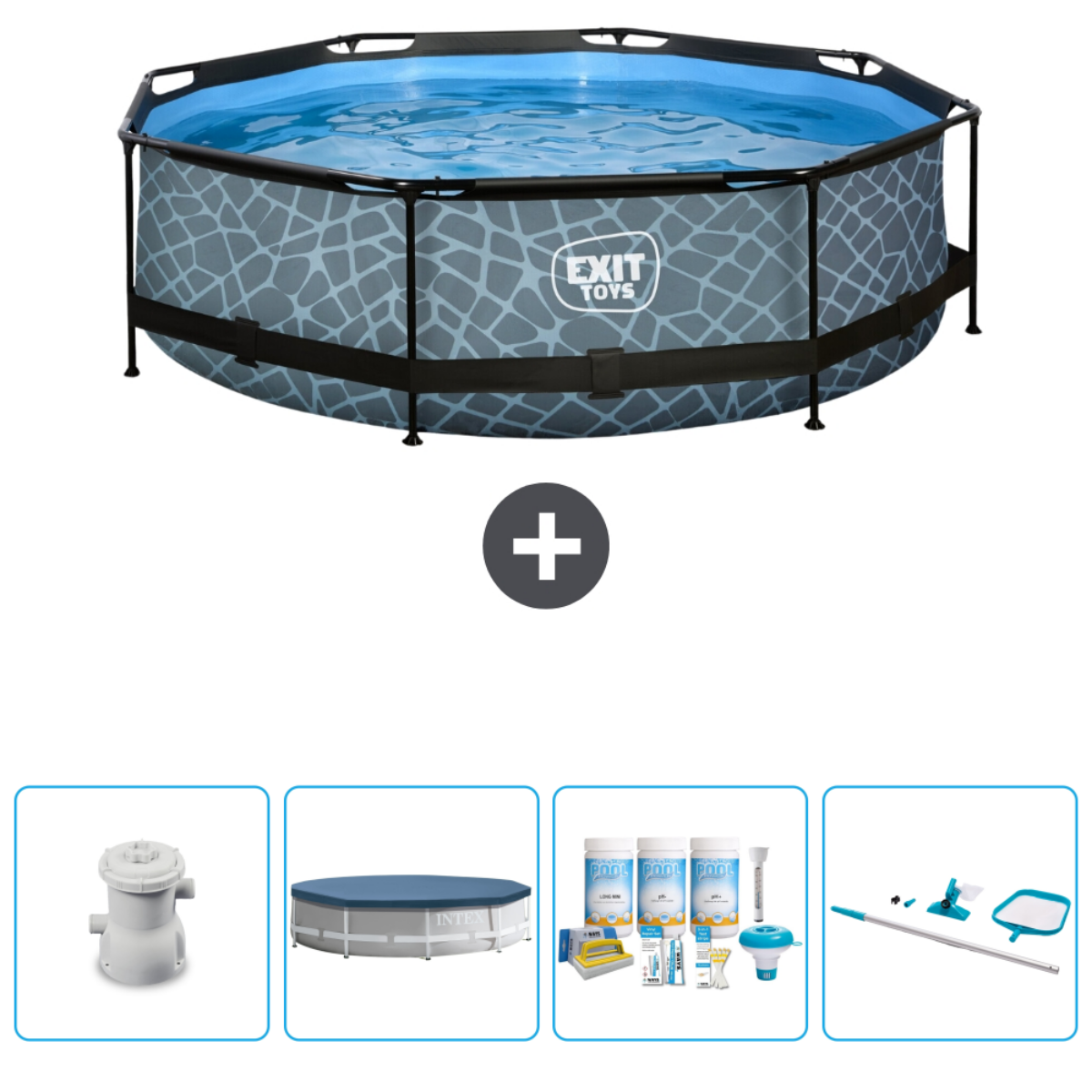 Piscine octogonale avec motif gris, 'EXIT TOYS', avec accessoires. Pompe, couverture et kit de nettoyage.