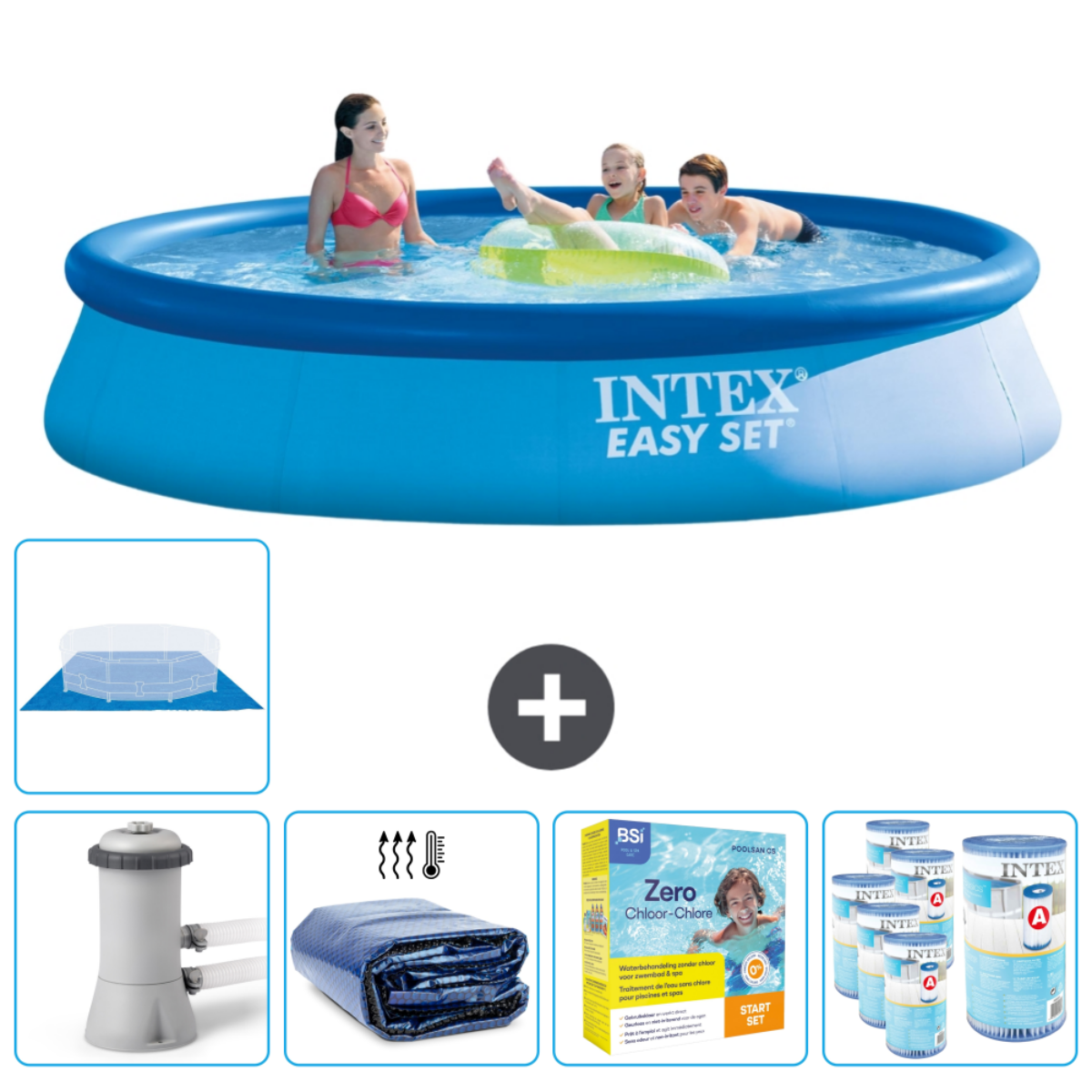 Opblaasbaar blauw zwembad met familie. Inclusief accessoires zoals filter en chemicaliën.