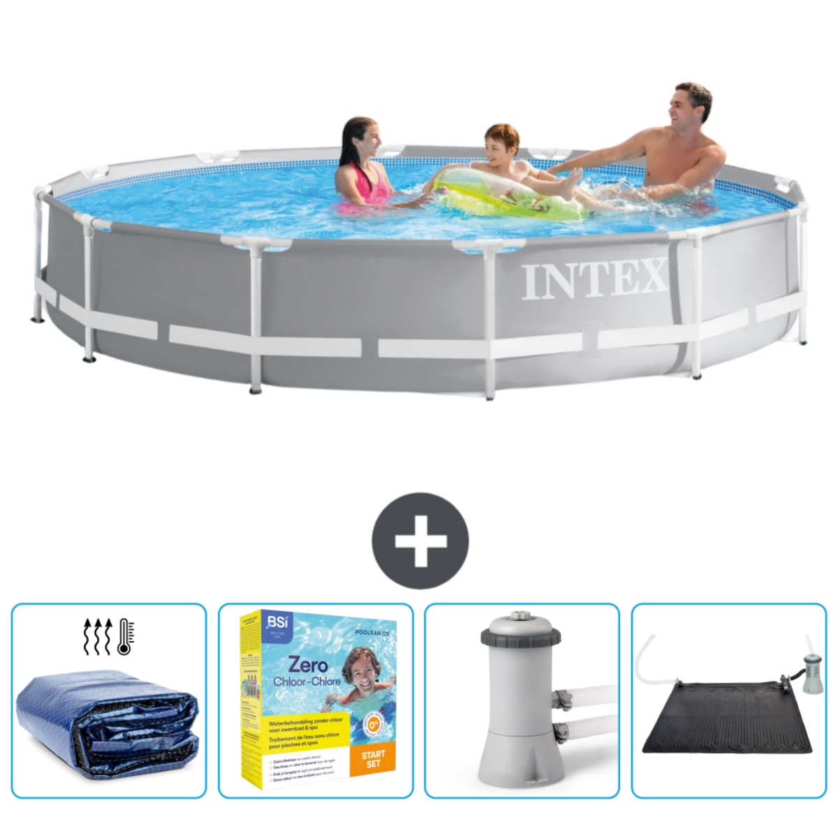 Mensen in grijs Intex zwembad. Accessoires: afdekking, pomp, zonnedek, chemicaliën. Kind in zwemband.