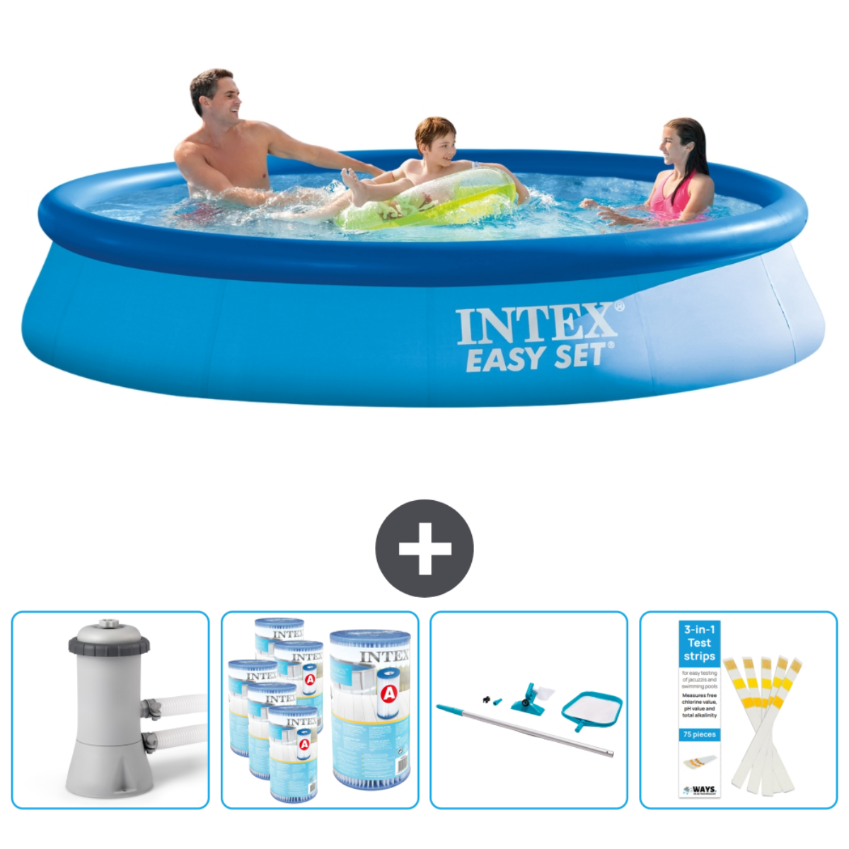 Blauer aufblasbarer Intex-Pool mit schwimmenden Personen. Inklusive Filter, Chemikalien und Teststreifen.