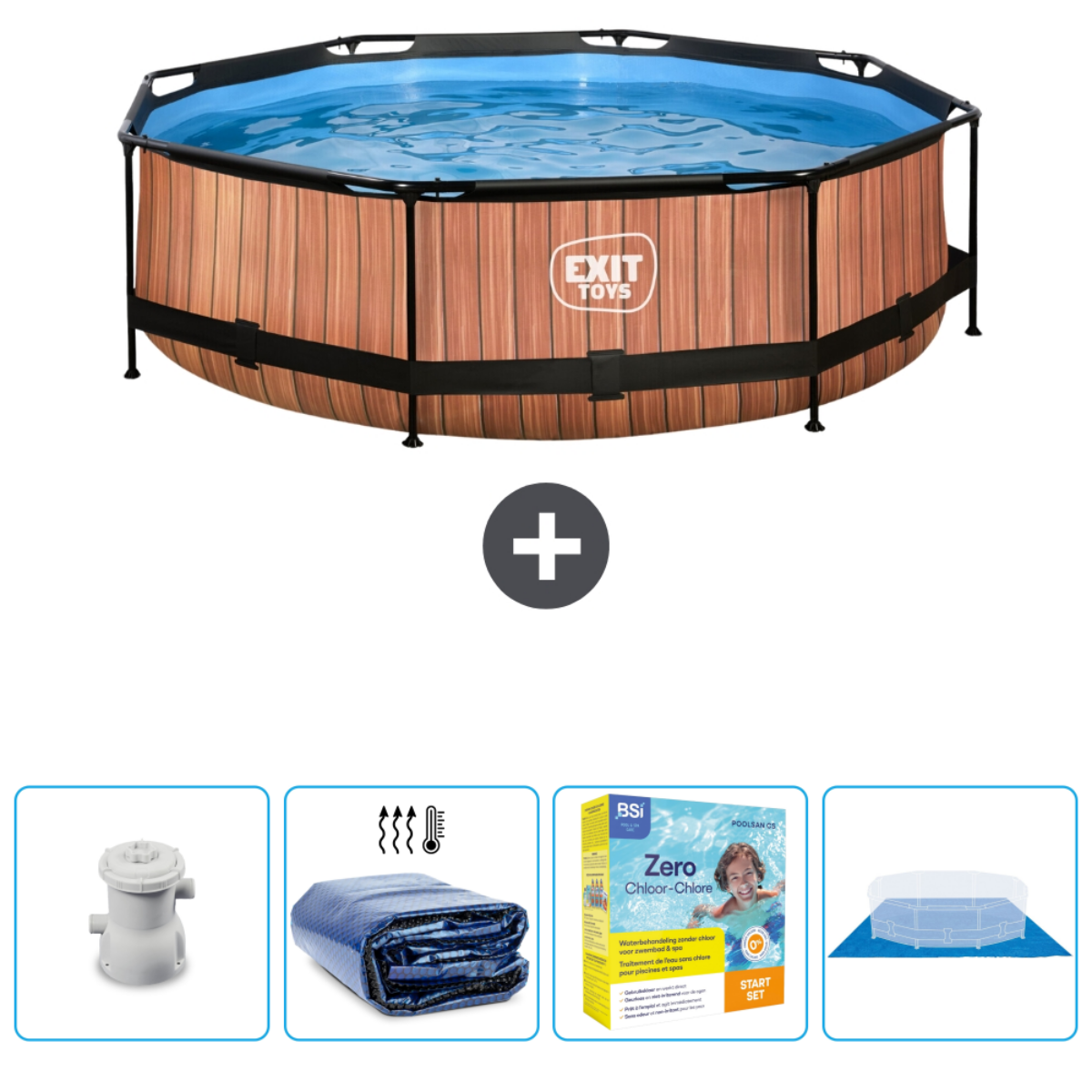 Een bruin EXIT TOYS zwembad met accessoires beneden. Mensen zijn niet zichtbaar.