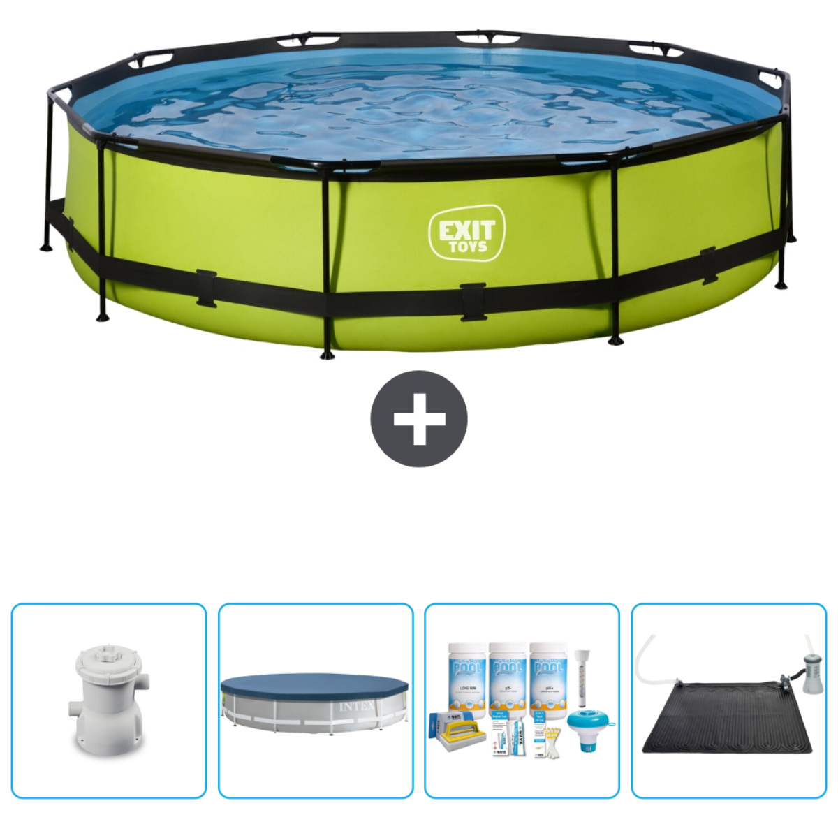 Piscine octogonale verte avec accessoires, inclut filtre, bâche, produits chimiques et pompe.