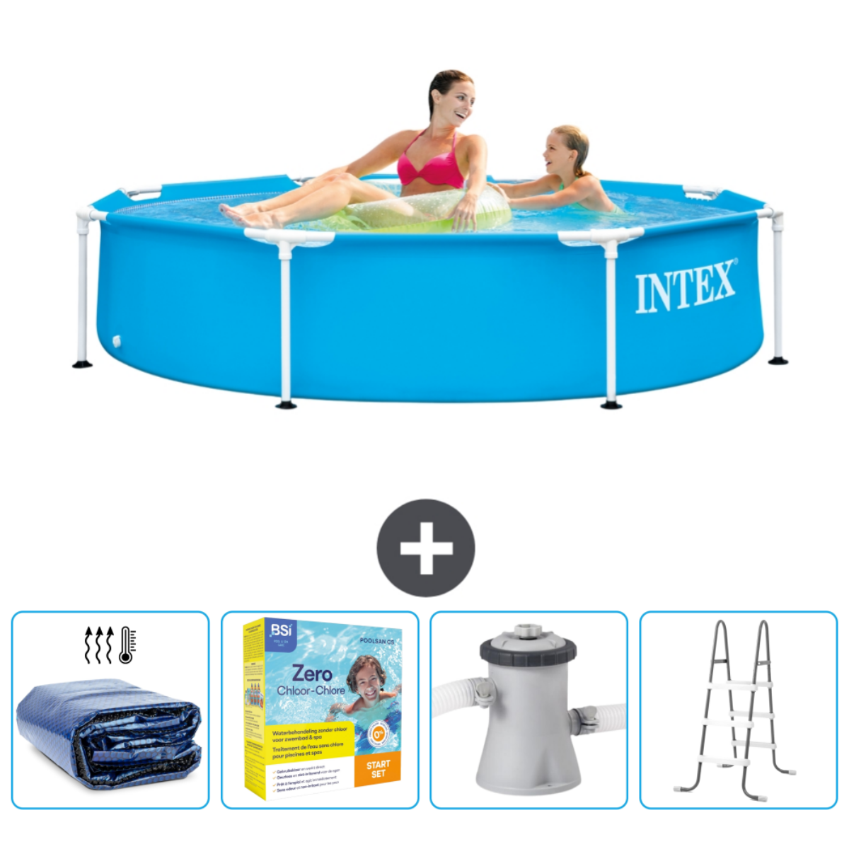 Personnes dans une piscine ronde bleue avec accessoires. Inclut une couverture, des produits chimiques, un filtre et une échelle.