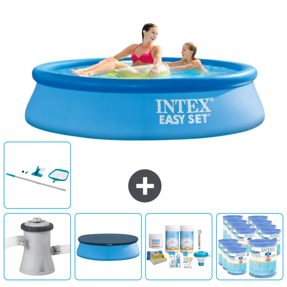 Mensen in een blauw Intex zwembad, met accessoires beneden. Het zwembad is gevuld met water en mensen zwemmen.