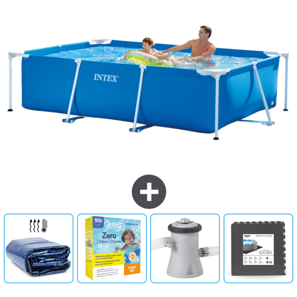 Blue Intex pool with people and accessories. Includes cover, chemicals, filter, and mats.
