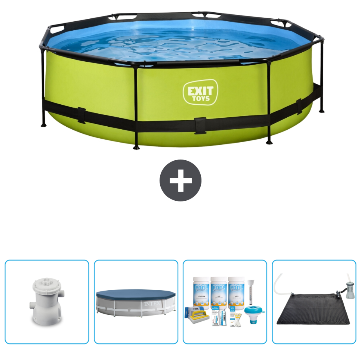 Piscine octogonale verte avec accessoires, incluant filtre, bâche et produits chimiques.