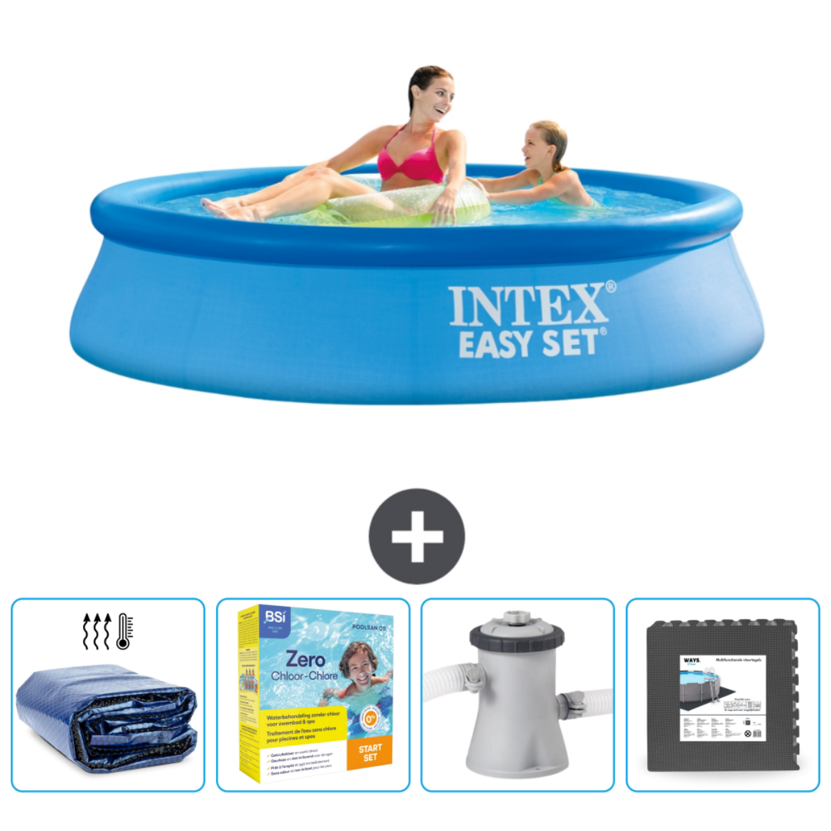 Personnes dans une piscine ronde bleue avec accessoires. Inclut une couverture, des produits chimiques, un filtre et un tapis.