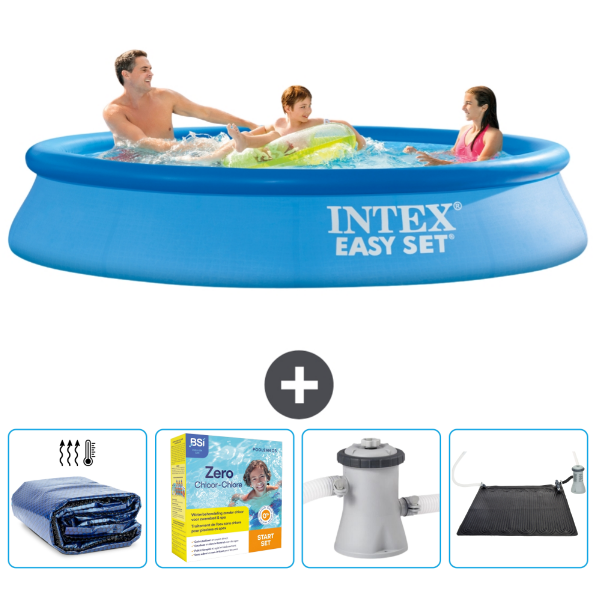 Piscine bleue Intex Easy Set avec personnes nageant. Accessoires: couverture, chlore et chauffage solaire.