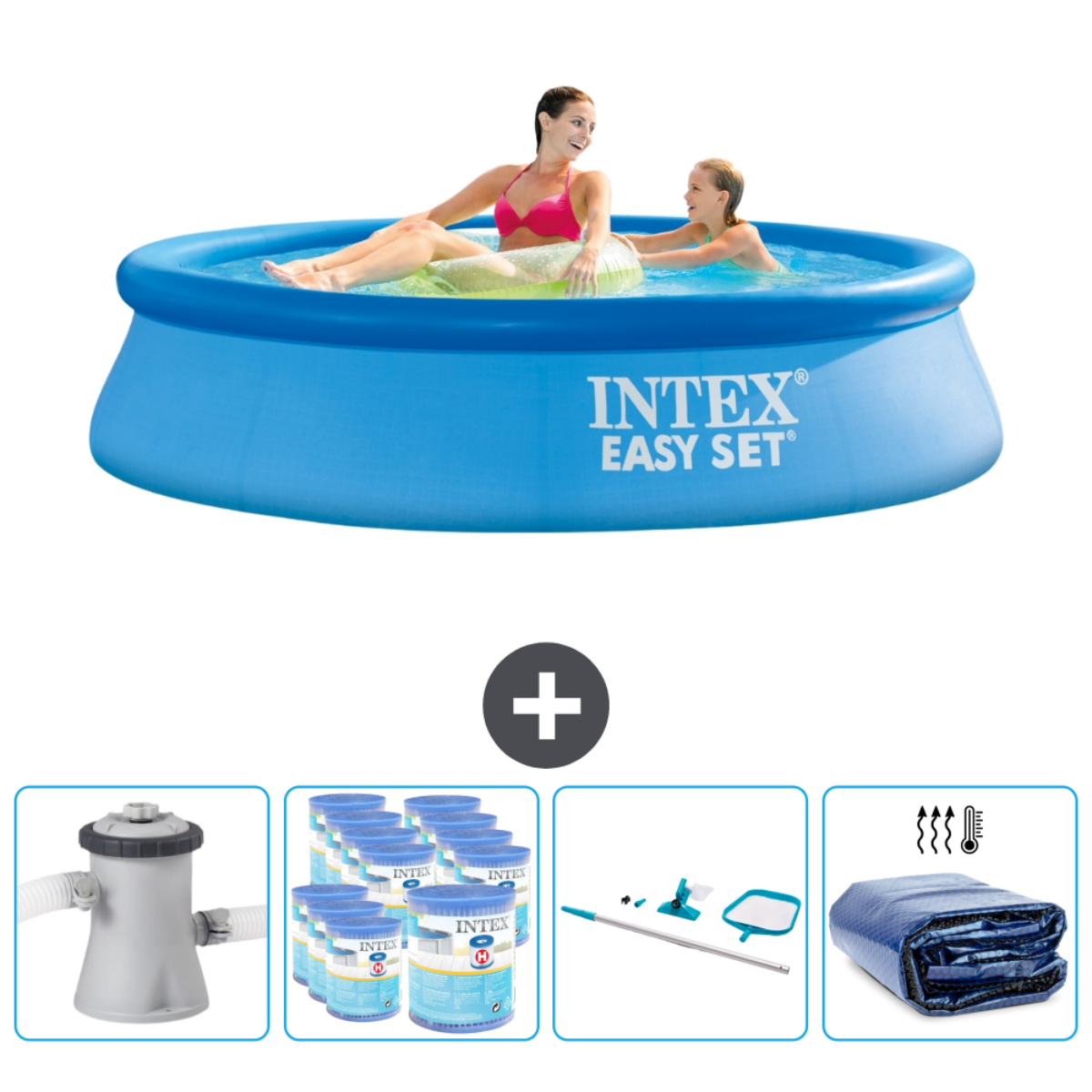 Personnes dans piscine Intex bleue. Accessoires: pompe, produits chimiques, bâche et kit de nettoyage.